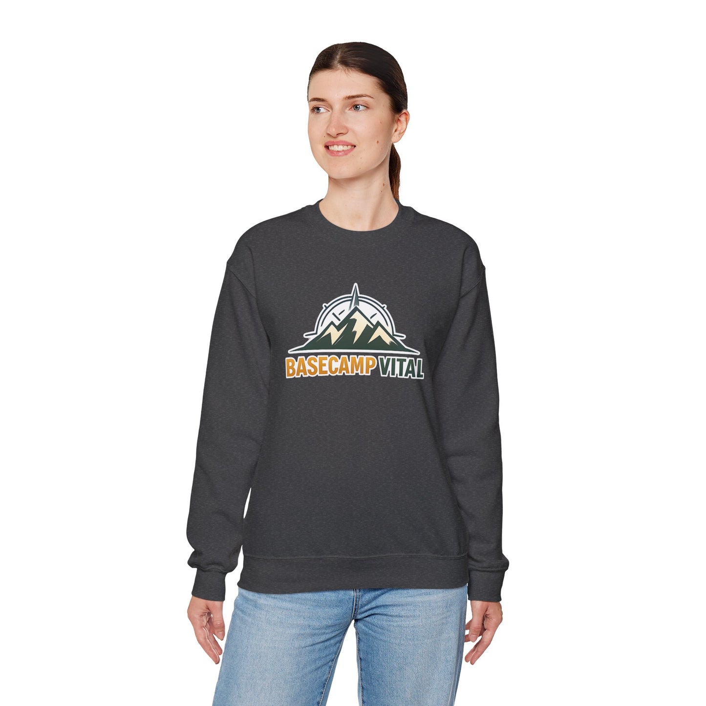 Base Camp Vital Mountain Embroidered Crewneck Sweatshirt | Cozy Hiking & Camping Pullover | 50/50 Midweight  Vital Mountain Crewneck Sweatshirt — Outdoor Adventure Logo Pullover (free shipping)