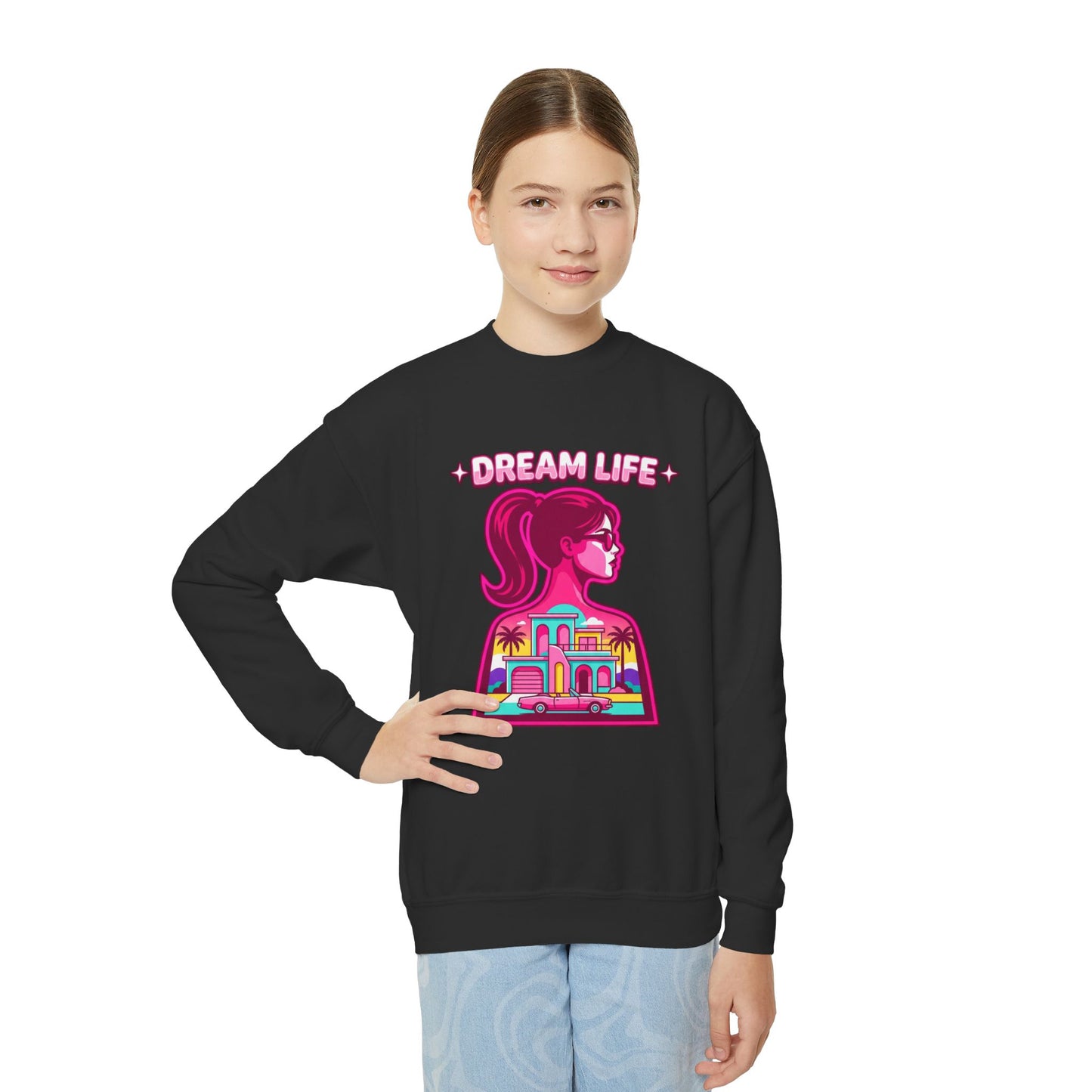 “Dream Life” girls “Barbie style” Youth Crewneck Sweatshirt — Retro Sunset Girl Graphic