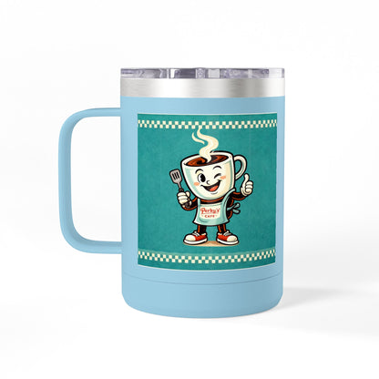 Perky’s Cafe KS Retro Teal 15oz Stainless Tumbler w/ Handle-  Mug Tumbler — Cute Smiling Coffee Cup Character, 15oz Travel Mug (free shipping)