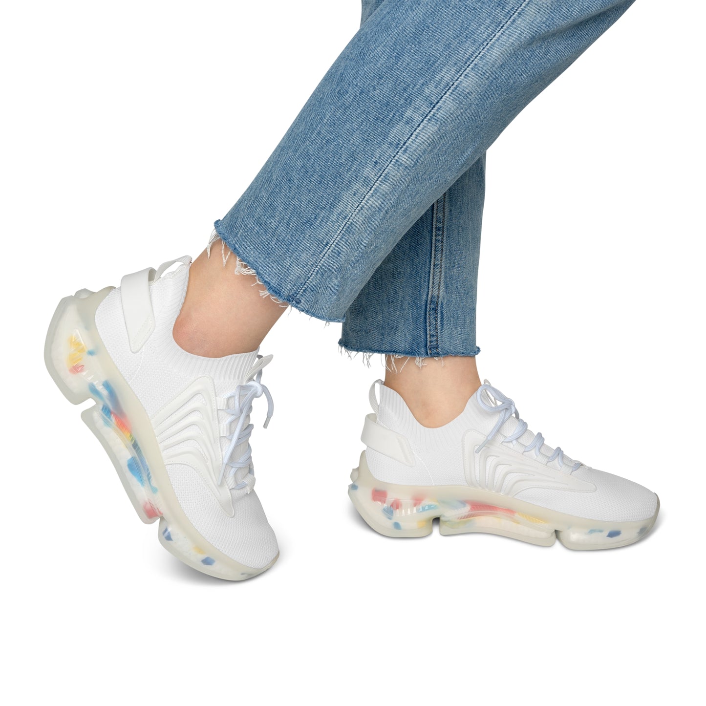 Women’s White Mesh Sneakers — Lightweight Breathable Athletic Shoes with Color-Accent Sole