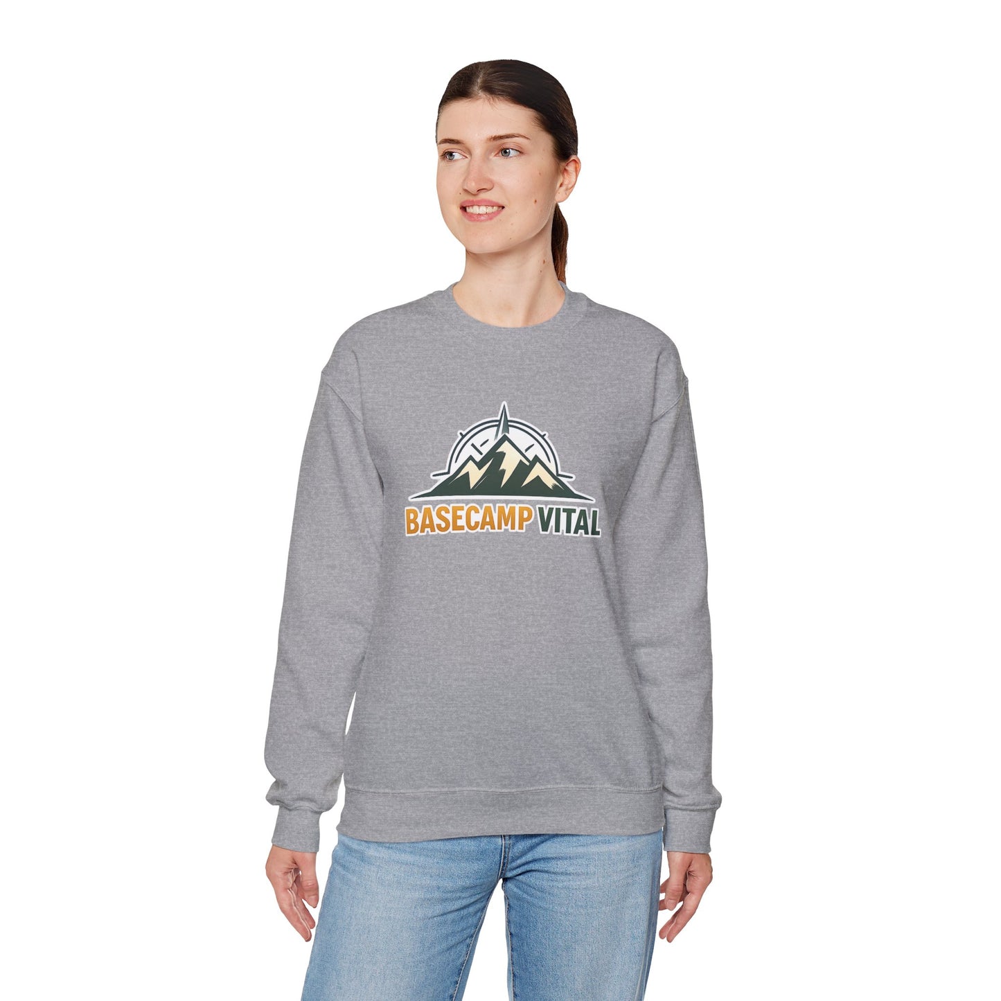 Base Camp Vital Mountain Embroidered Crewneck Sweatshirt | Cozy Hiking & Camping Pullover | 50/50 Midweight  Vital Mountain Crewneck Sweatshirt — Outdoor Adventure Logo Pullover (free shipping)