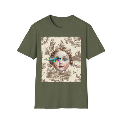 Vintage Doll Face Tee with Glitch Paint Splash