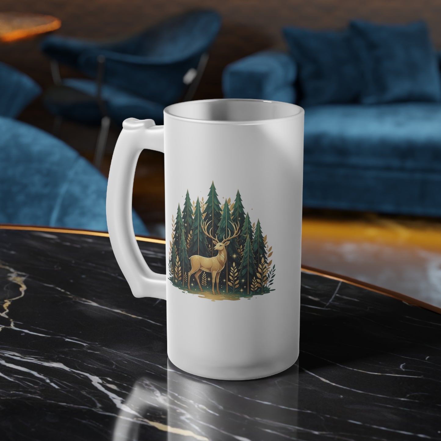 Frosted Beer Stein — Woodland Moose & Pine Forest Glass Mug