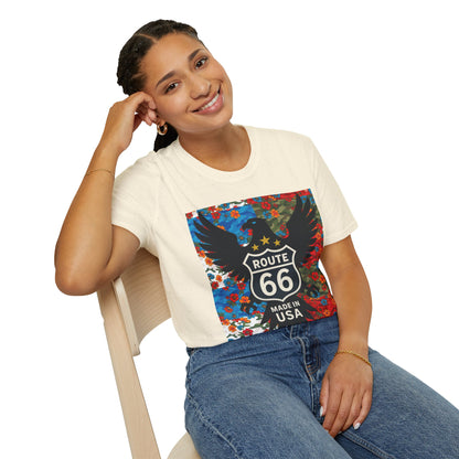 Route 66 Made in USA T-Shirt — Vintage Eagle Floral Roadtrip Tee- camo flower combo T-shirt