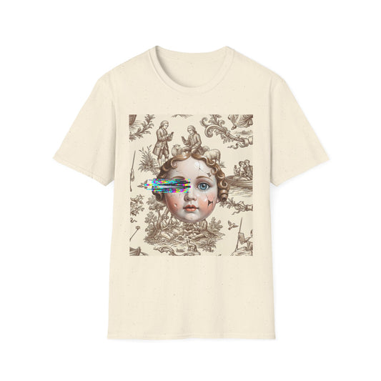 Vintage Doll Face Tee with Glitch Paint Splash