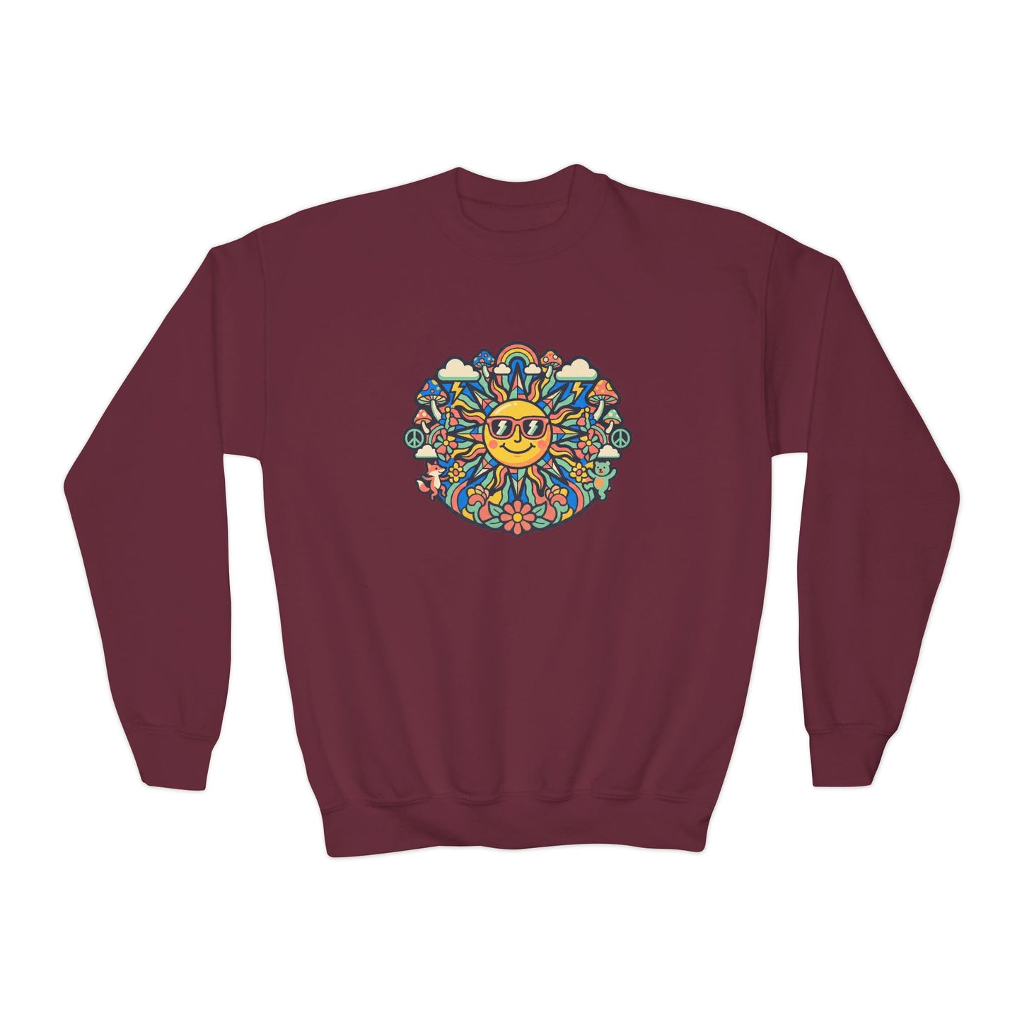 Youth Y2K Aesthetic - Crewneck Sweatshirt — Colorful Retro Sun & Floral Graphic