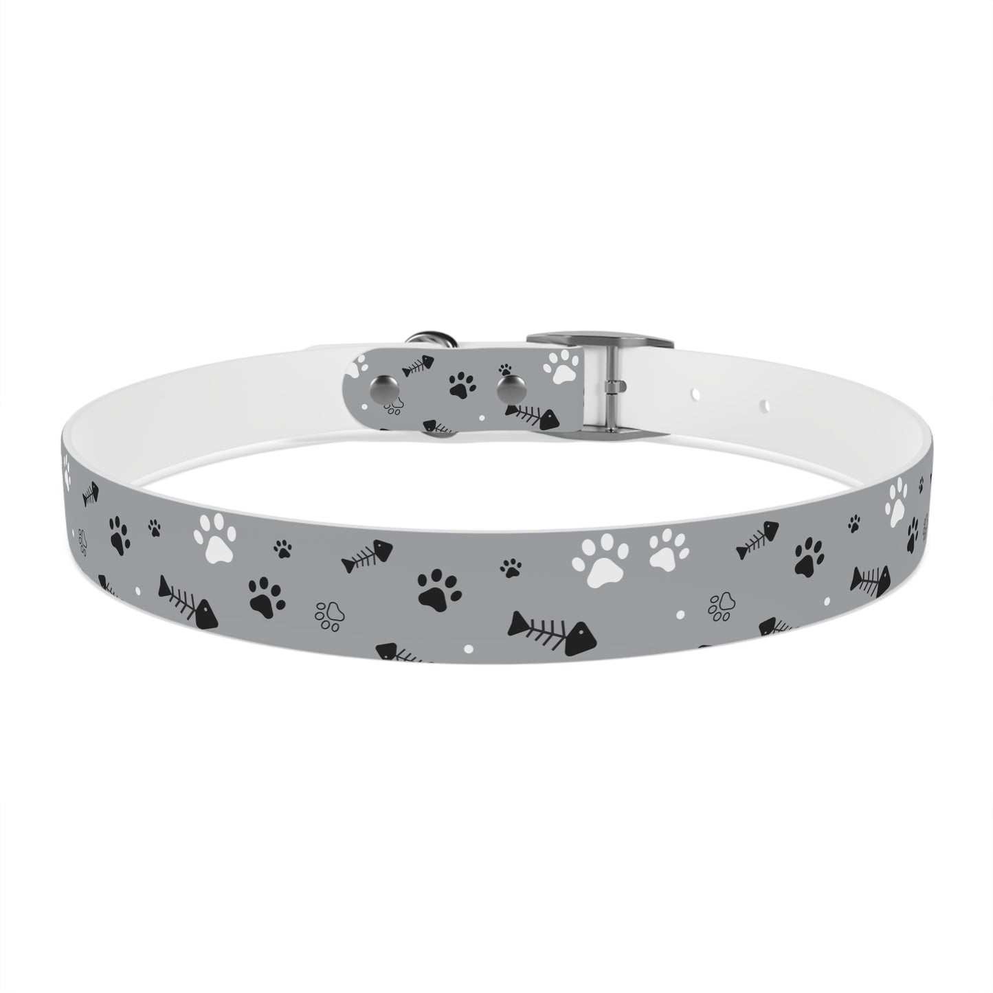 Grey Paw Print Dog Collar — Cute Bone & Paw Design, Durable Adjustable Pet Collar