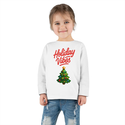 Holiday Vibes unisex Toddler Long Sleeve Tee – Cute Christmas Tree Kids Shirt