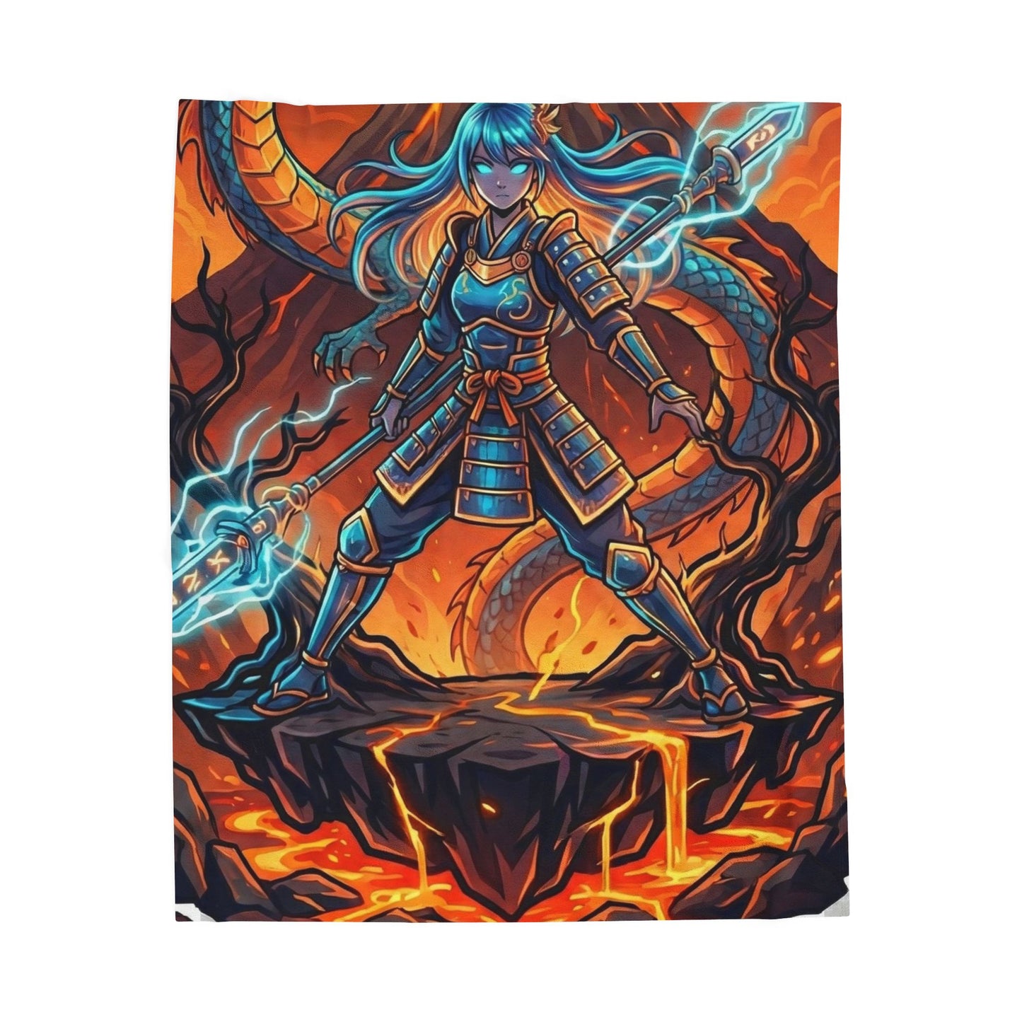 Samurai Sorceress Velveteen Plush Blanket – Fantasy Lava Dragon Art Throw