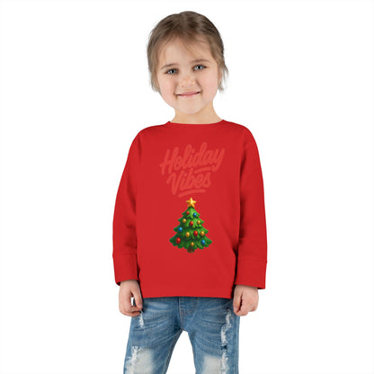 Holiday Vibes unisex Toddler Long Sleeve Tee – Cute Christmas Tree Kids Shirt