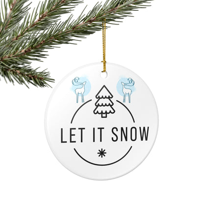 Let It Snow Ceramic Ornament — Blue Holiday Tree & Reindeer Decoration
