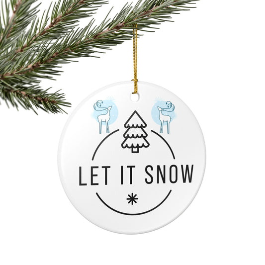 Let It Snow Ceramic Ornament — Blue Holiday Tree & Reindeer Decoration