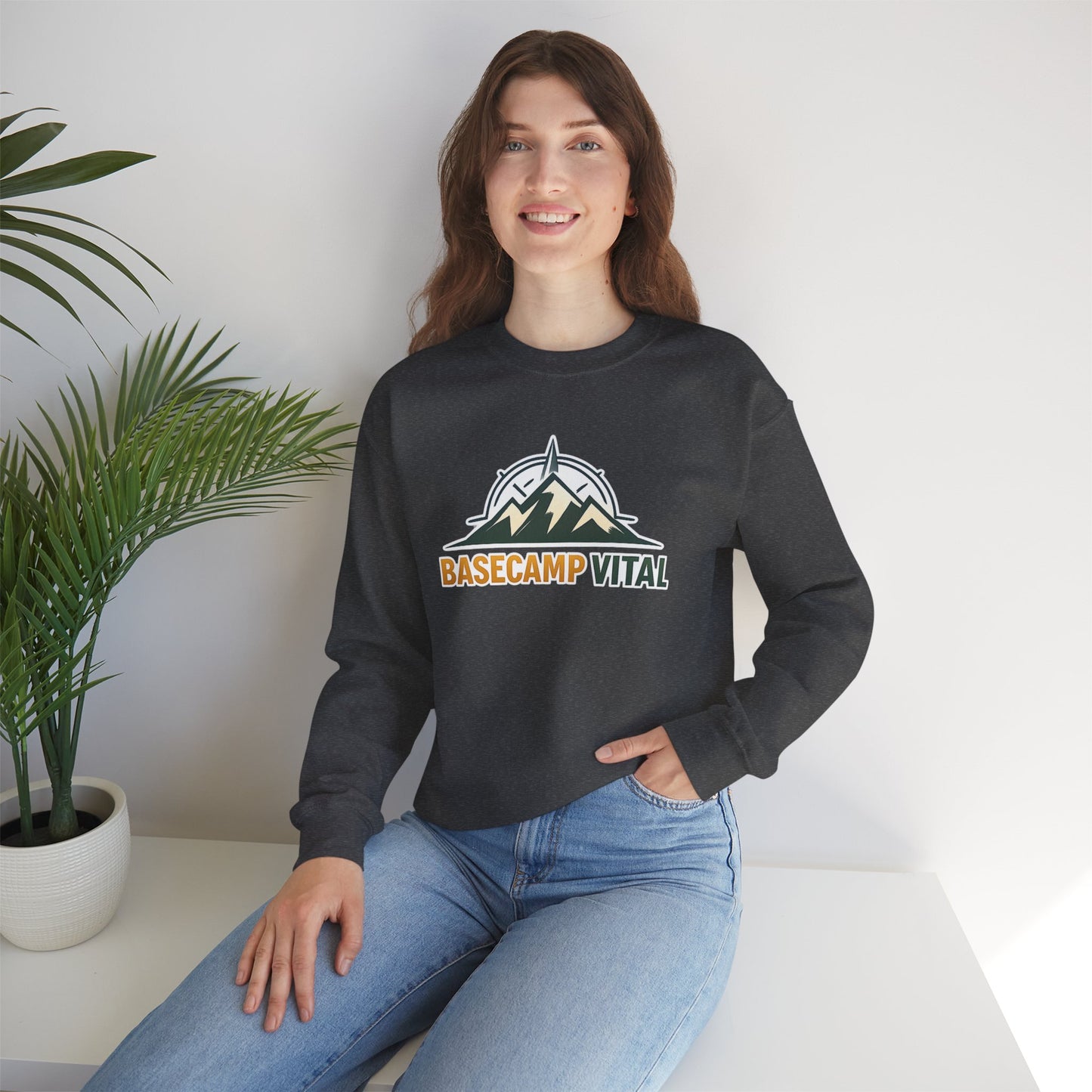 Base Camp Vital Mountain Embroidered Crewneck Sweatshirt | Cozy Hiking & Camping Pullover | 50/50 Midweight  Vital Mountain Crewneck Sweatshirt — Outdoor Adventure Logo Pullover (free shipping)