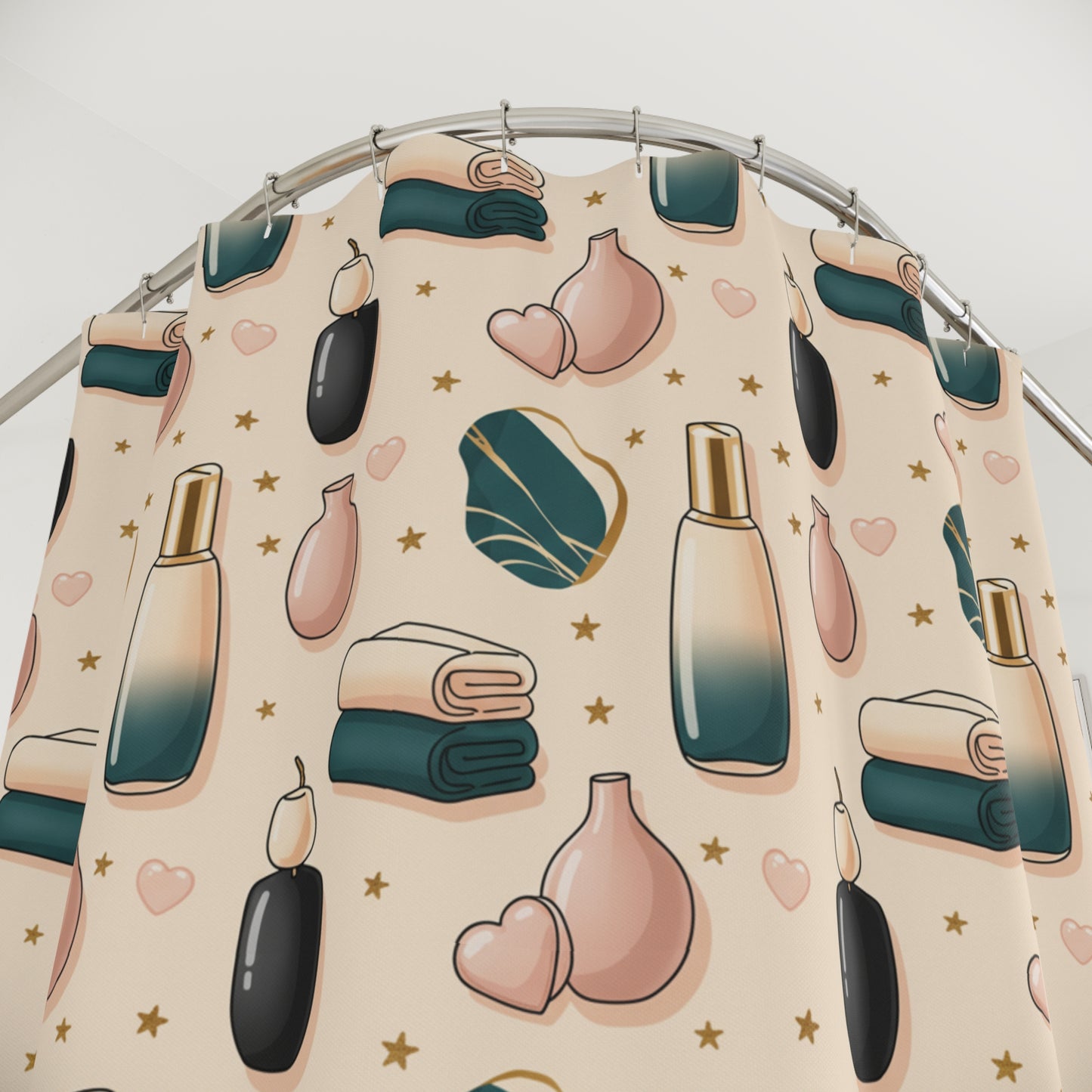 Spa Bathroom Shower Curtain — Relaxing Bath Icons Pattern (Candles, Towels, Bottles) (free shipping)