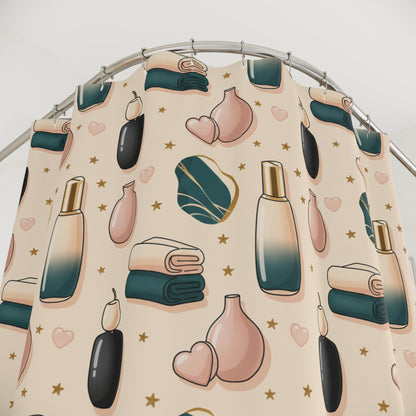 Spa Bathroom Shower Curtain — Relaxing Bath Icons Pattern (Candles, Towels, Bottles) (free shipping)