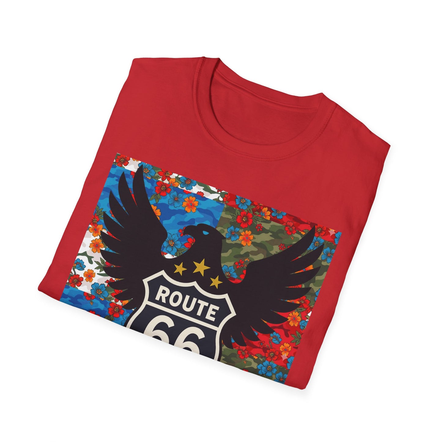Route 66 Made in USA T-Shirt — Vintage Eagle Floral Roadtrip Tee- camo flower combo T-shirt
