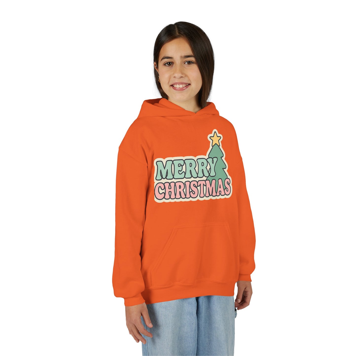 Kids youth Merry Christmas Hoodie — Pastel Tree Holiday Pullover