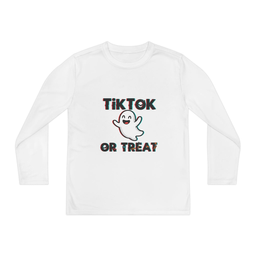 TikTok Halloween Long Sleeve Tee, Youth Costume Shirt, Spooky Apparel, Trick or Treat Top, Youth Ghost Halloween Shirt