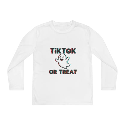 TikTok Halloween Long Sleeve Tee, Youth Costume Shirt, Spooky Apparel, Trick or Treat Top, Youth Ghost Halloween Shirt