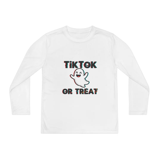 TikTok Halloween Long Sleeve Tee, Youth Costume Shirt, Spooky Apparel, Trick or Treat Top, Youth Ghost Halloween Shirt