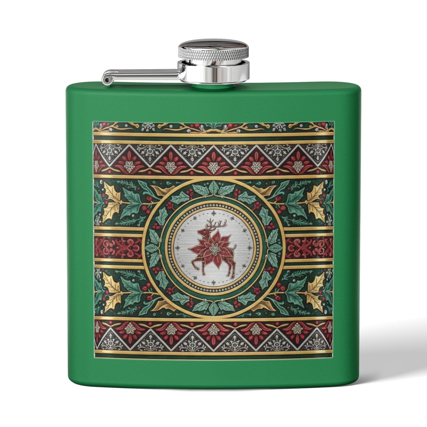 Holiday Poinsettia Flask — 6oz Stainless Steel Christmas Hip Flask (free shipping)