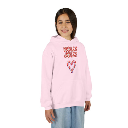 Youth Hoodie — "Holly Jolly" Candy Cane Heart Christmas Sweatshirt