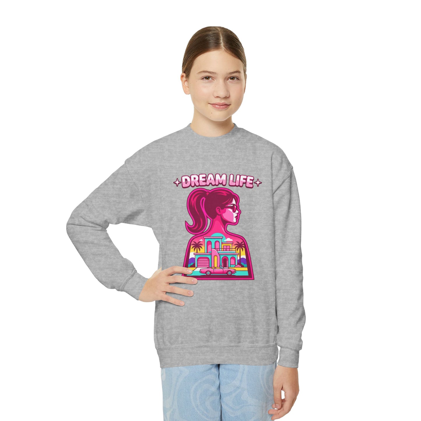 “Dream Life” girls “Barbie style” Youth Crewneck Sweatshirt — Retro Sunset Girl Graphic