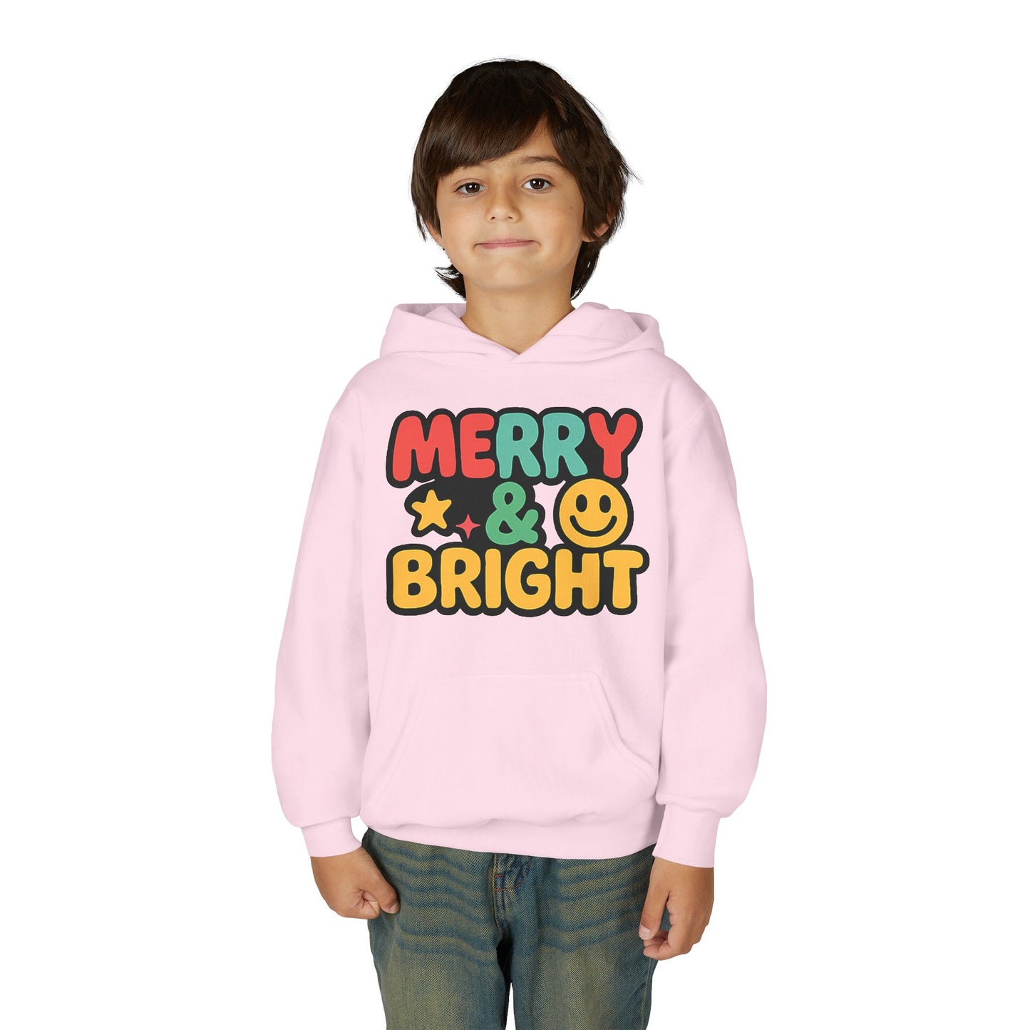 Youth Hoodie — 'Merry & Bright' Colorful Holiday Kids Sweatshirt