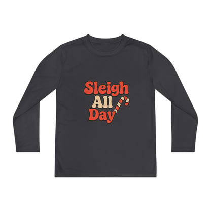Youth Long Sleeve Tee — "Sleigh All Day" Christmas Candy Cane Holiday Shirt