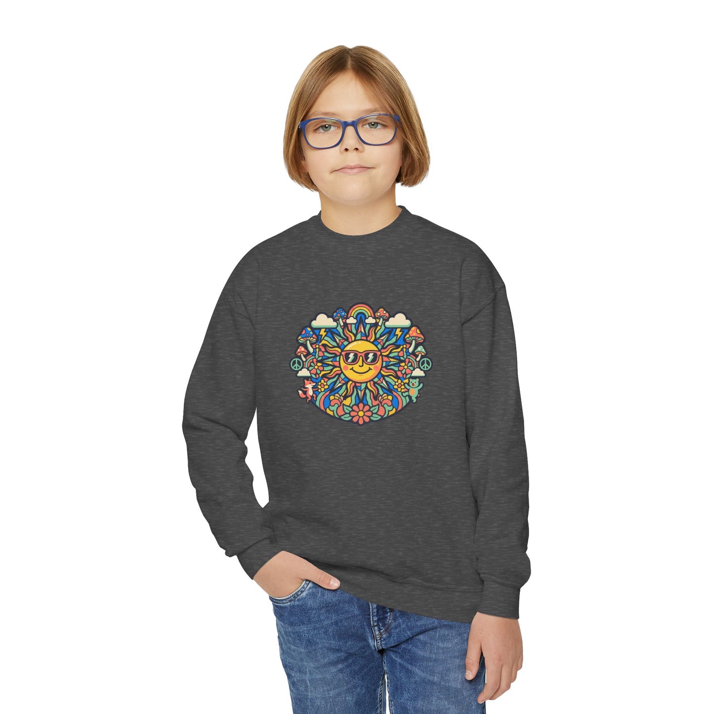 Youth Y2K Aesthetic - Crewneck Sweatshirt — Colorful Retro Sun & Floral Graphic