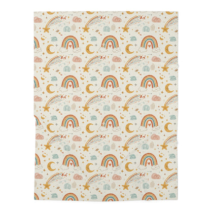 Boho Rainbow Baby Swaddle Blanket – Moon, Stars & Shooting Cloud Nursery Wrap