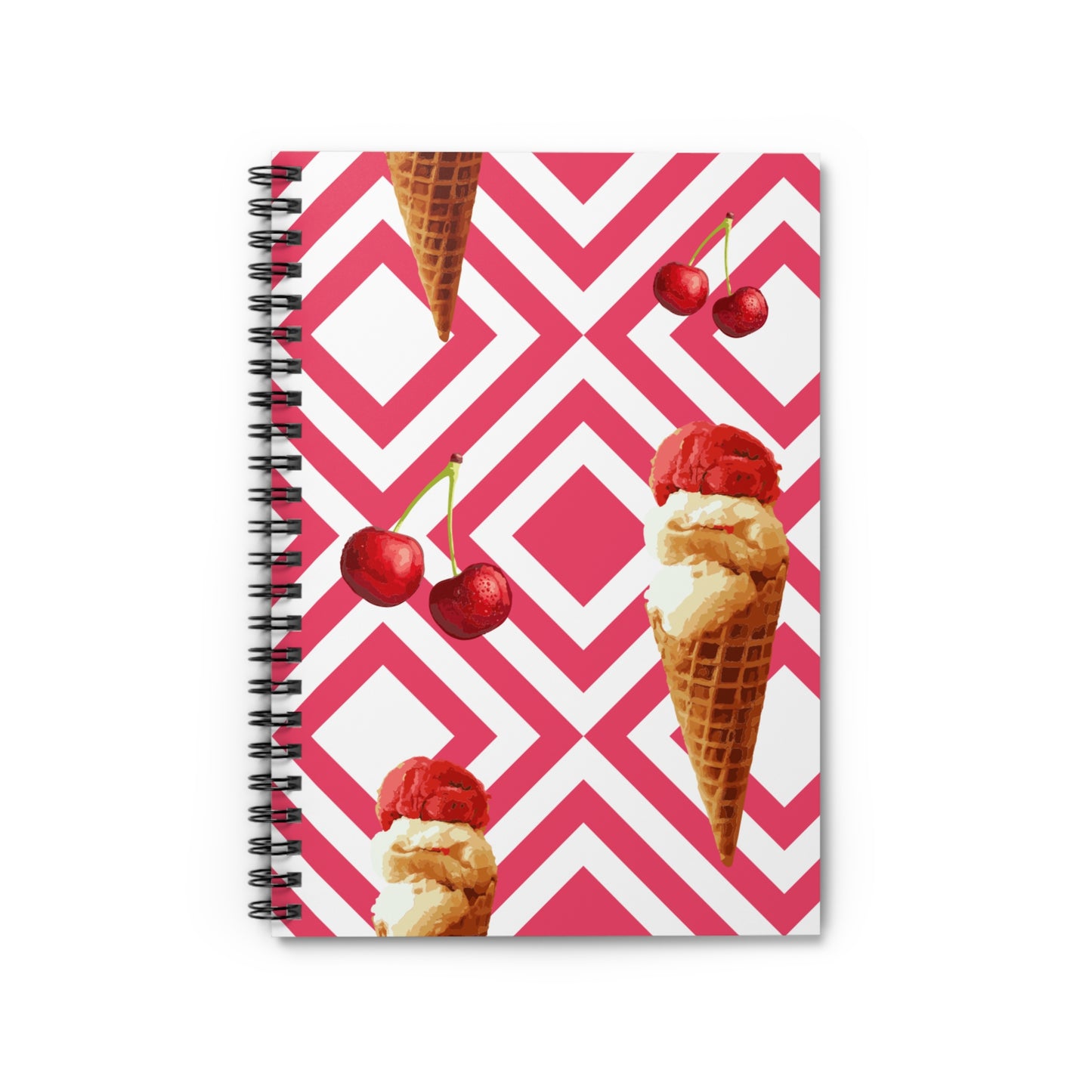 Cherry Ice Cream Cone Spiral Notebook — Pink Geometric Ruled Journal