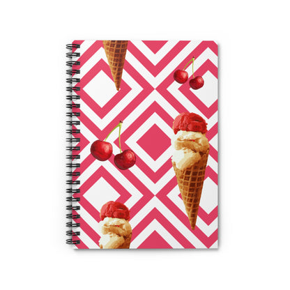 Cherry Ice Cream Cone Spiral Notebook — Pink Geometric Ruled Journal