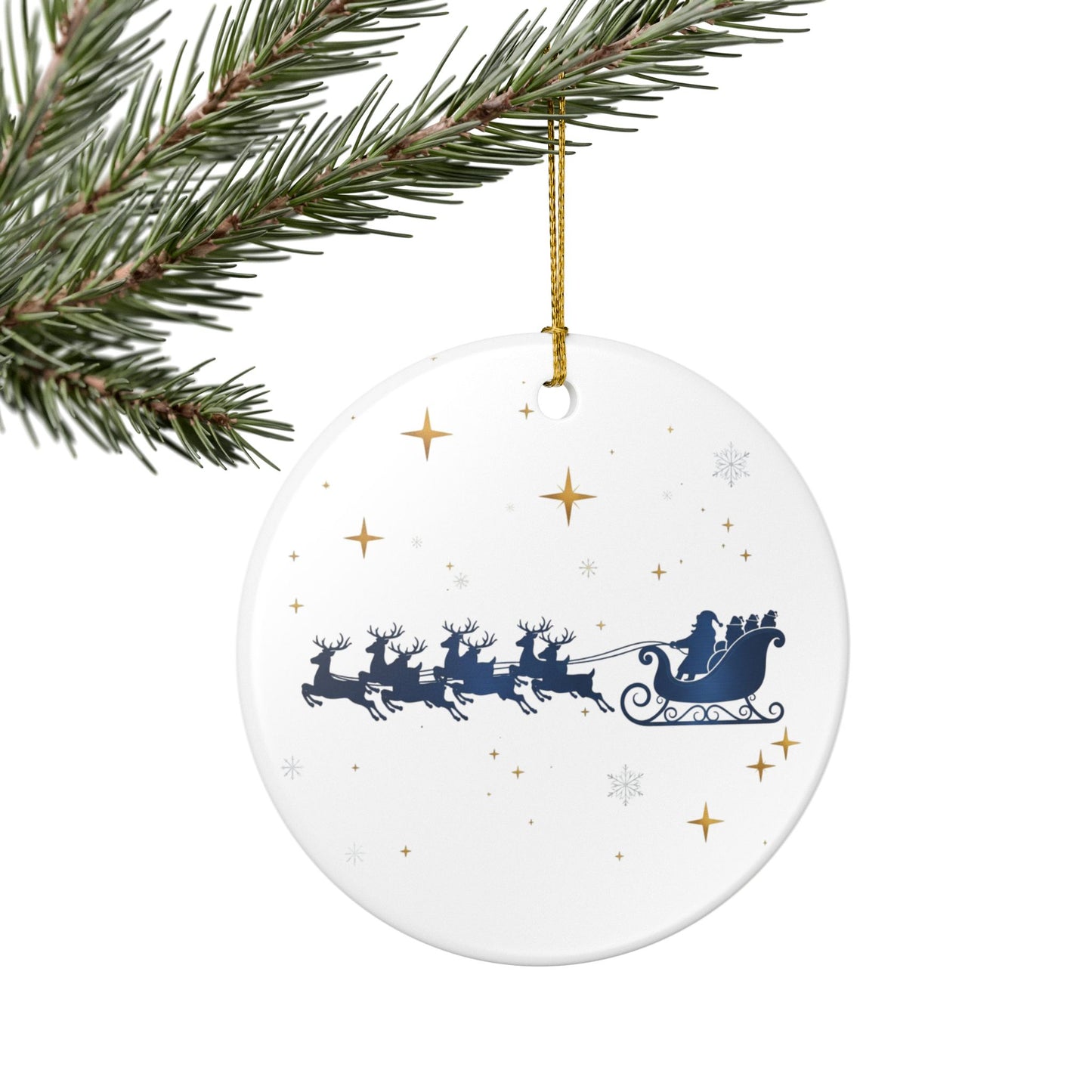 Ceramic Christmas Ornament — Santa Sleigh & Reindeer Holiday Decoration
