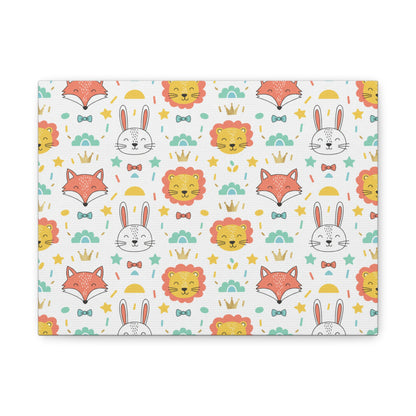 Nursery Animal Pattern Matte Canvas — Cute Fox, Bunny & Lion Kids Wall Art (free shipping)