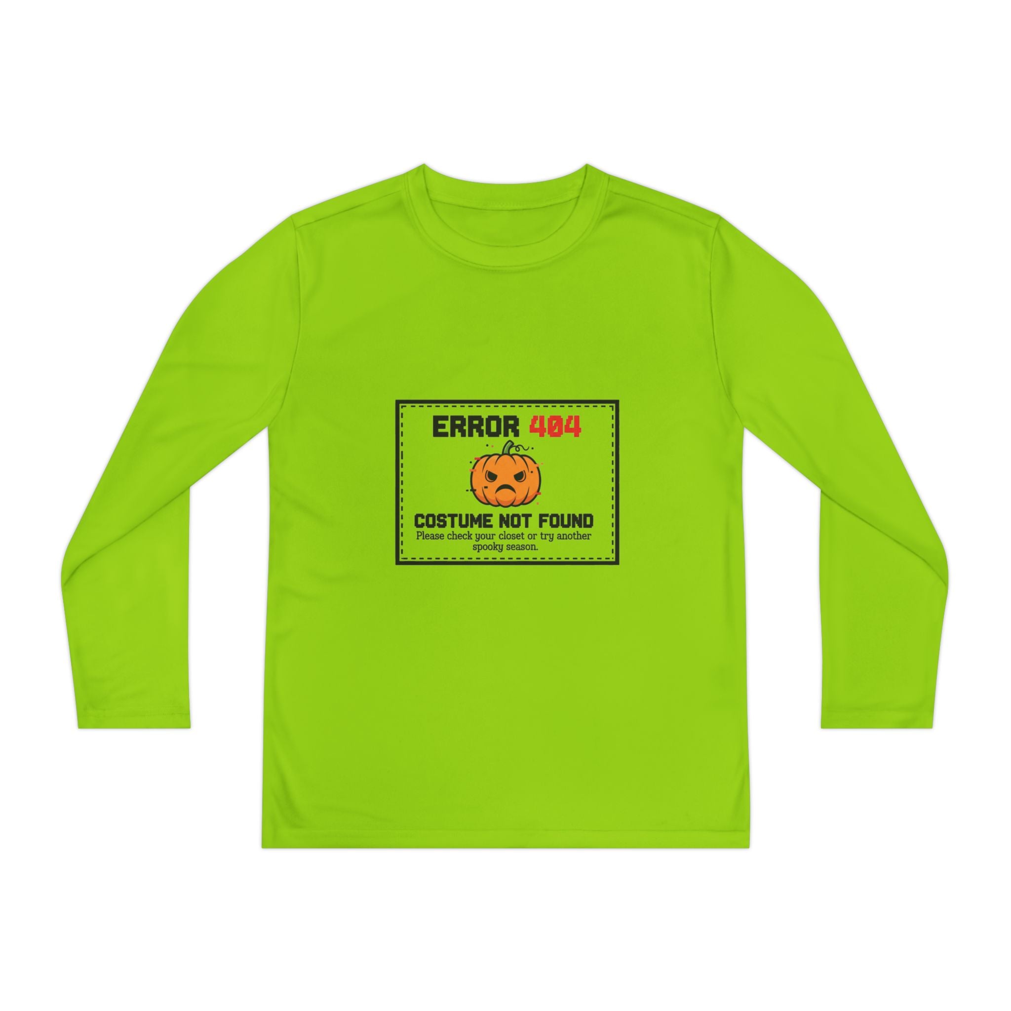 Youth Long Sleeve Halloween Tee, Kids Costume Shirt, Spooky Error 404 Top, Funny Trick-or-Treat Apparel, Halloween Party Outfit