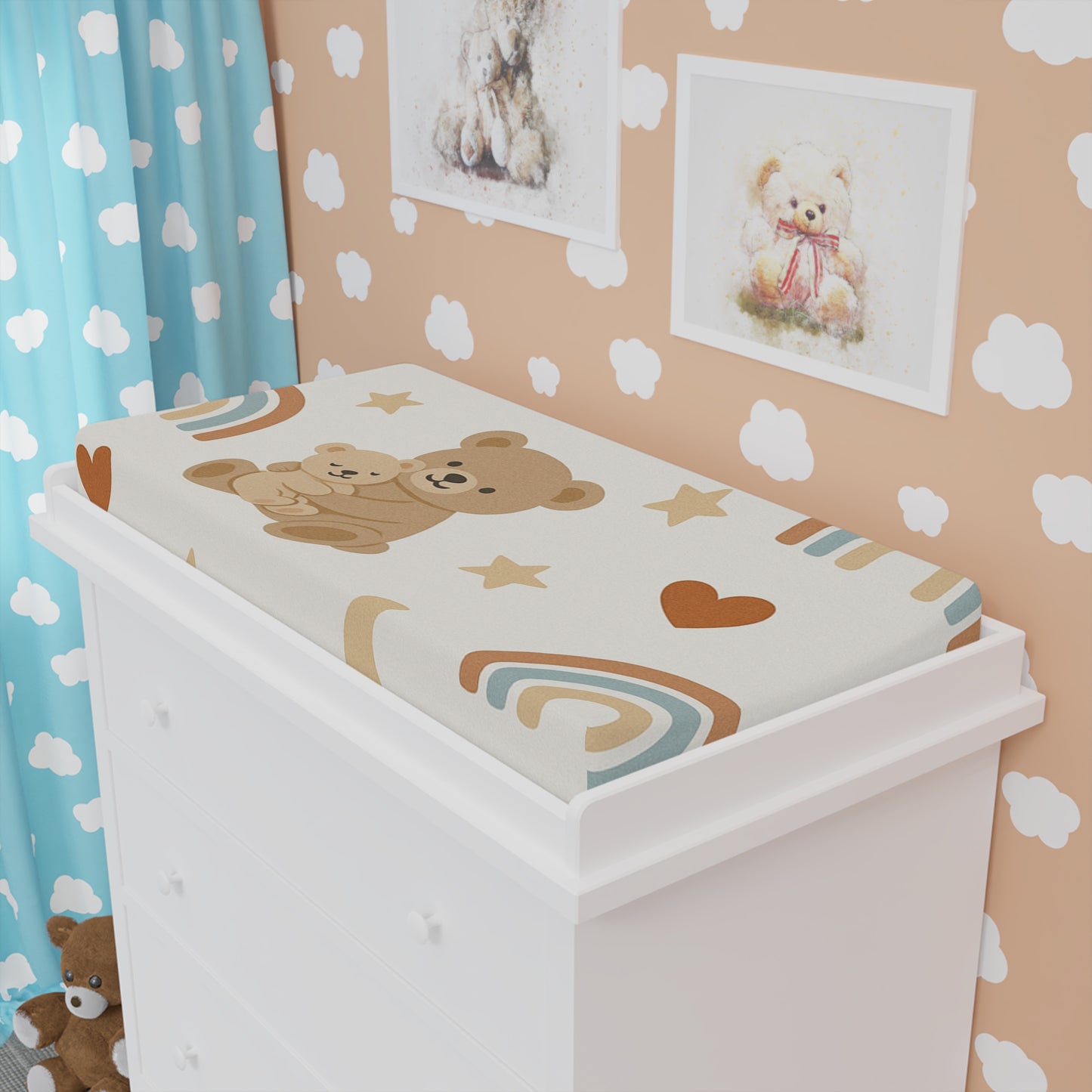 Cute Bear & Rainbow Baby Changing Pad Cover - Soft Nursery Decor
