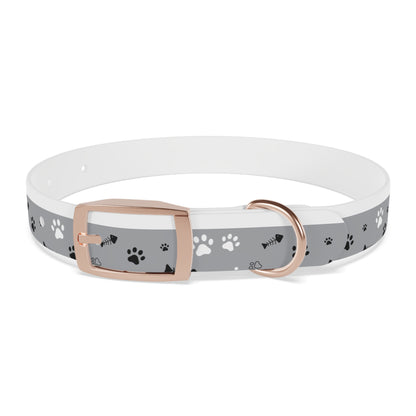 Grey Paw Print Dog Collar — Cute Bone & Paw Design, Durable Adjustable Pet Collar