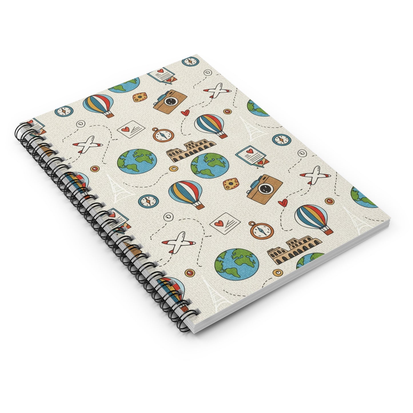 Travel Doodles Spiral Notebook — Ruled Travel Journal with Globe, Hot Air Balloon & Camera Pattern