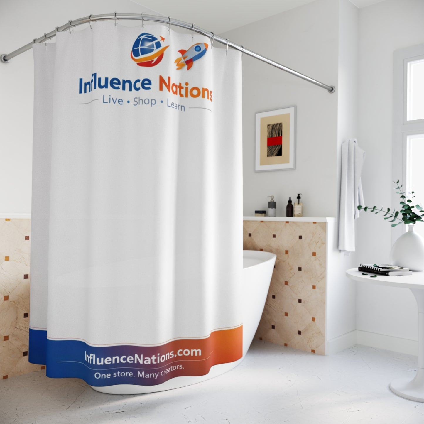 Influence Nations Logo Shower Curtain — Branded Travel & Learning Bath Decor
