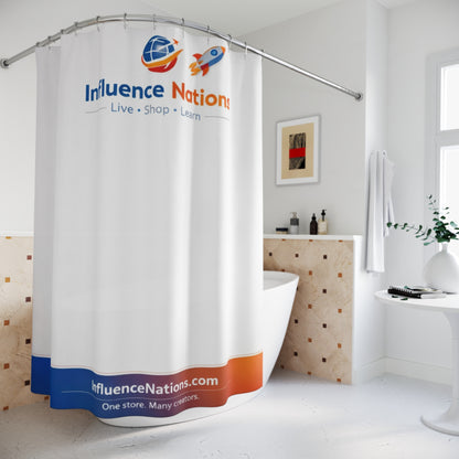 Influence Nations Logo Shower Curtain — Branded Travel & Learning Bath Decor
