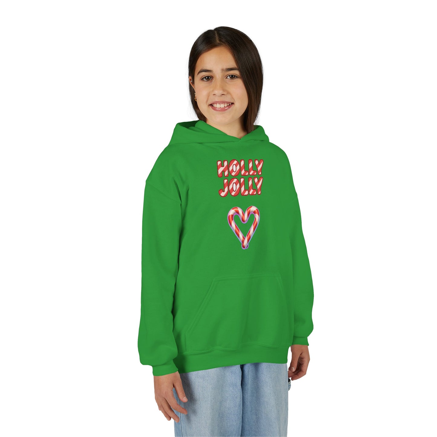 Youth Hoodie — "Holly Jolly" Candy Cane Heart Christmas Sweatshirt