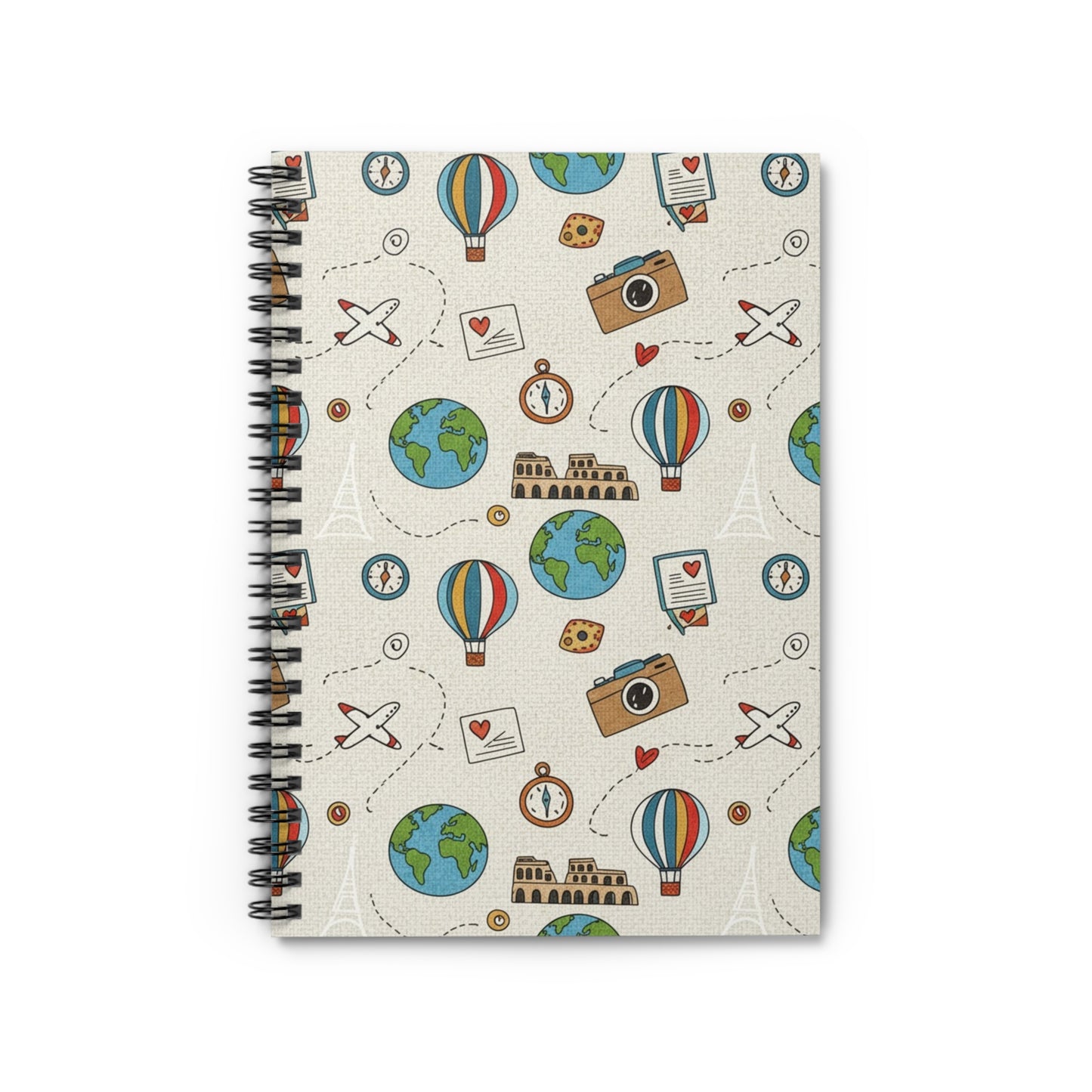 Travel Doodles Spiral Notebook — Ruled Travel Journal with Globe, Hot Air Balloon & Camera Pattern