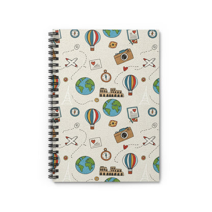 Travel Doodles Spiral Notebook — Ruled Travel Journal with Globe, Hot Air Balloon & Camera Pattern
