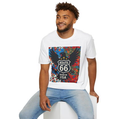 Route 66 Made in USA T-Shirt — Vintage Eagle Floral Roadtrip Tee- camo flower combo T-shirt