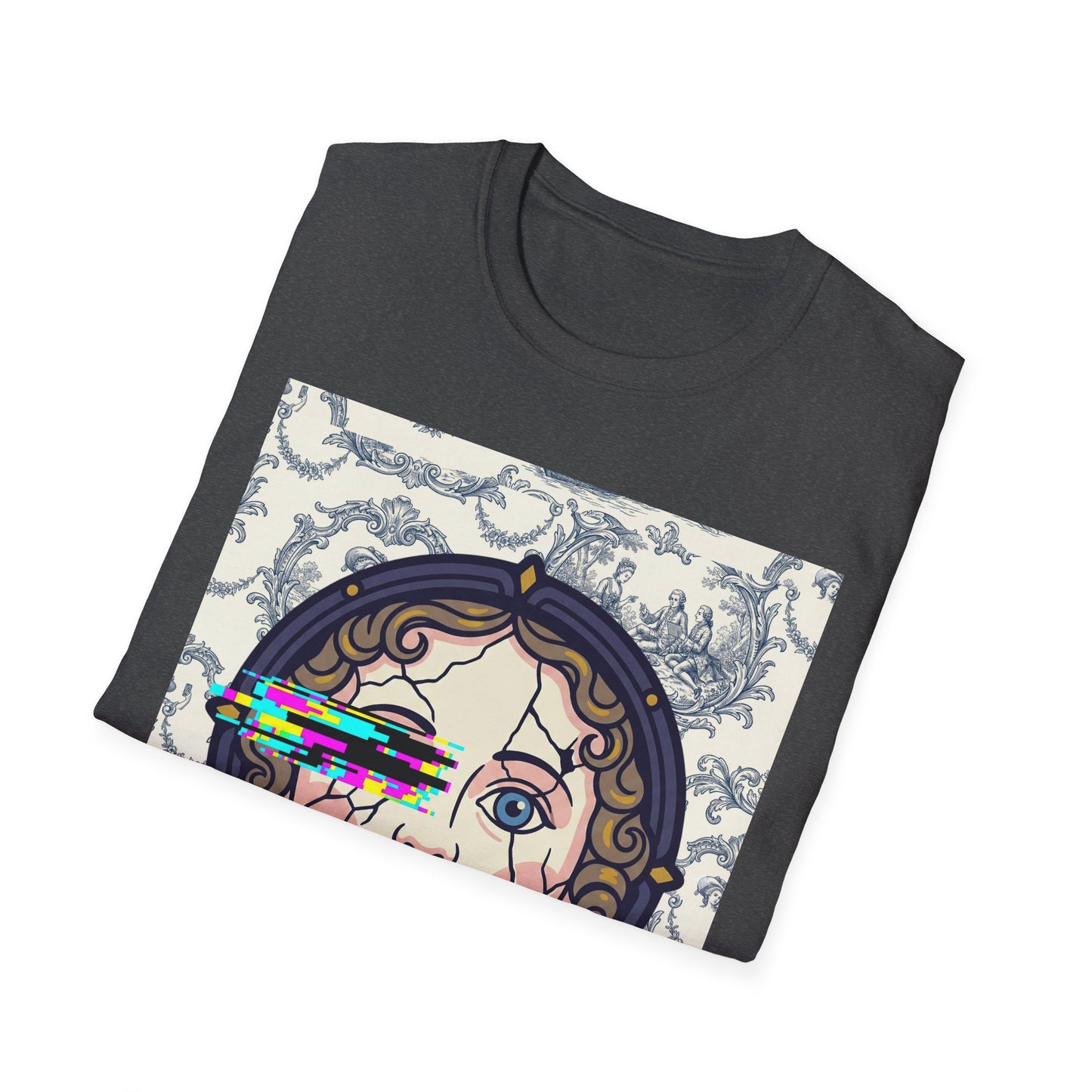 Glitch retro cracked porcelain doll face- Rococo Smartphone Toile - T-Shirt — Retro Mythology Art Tee