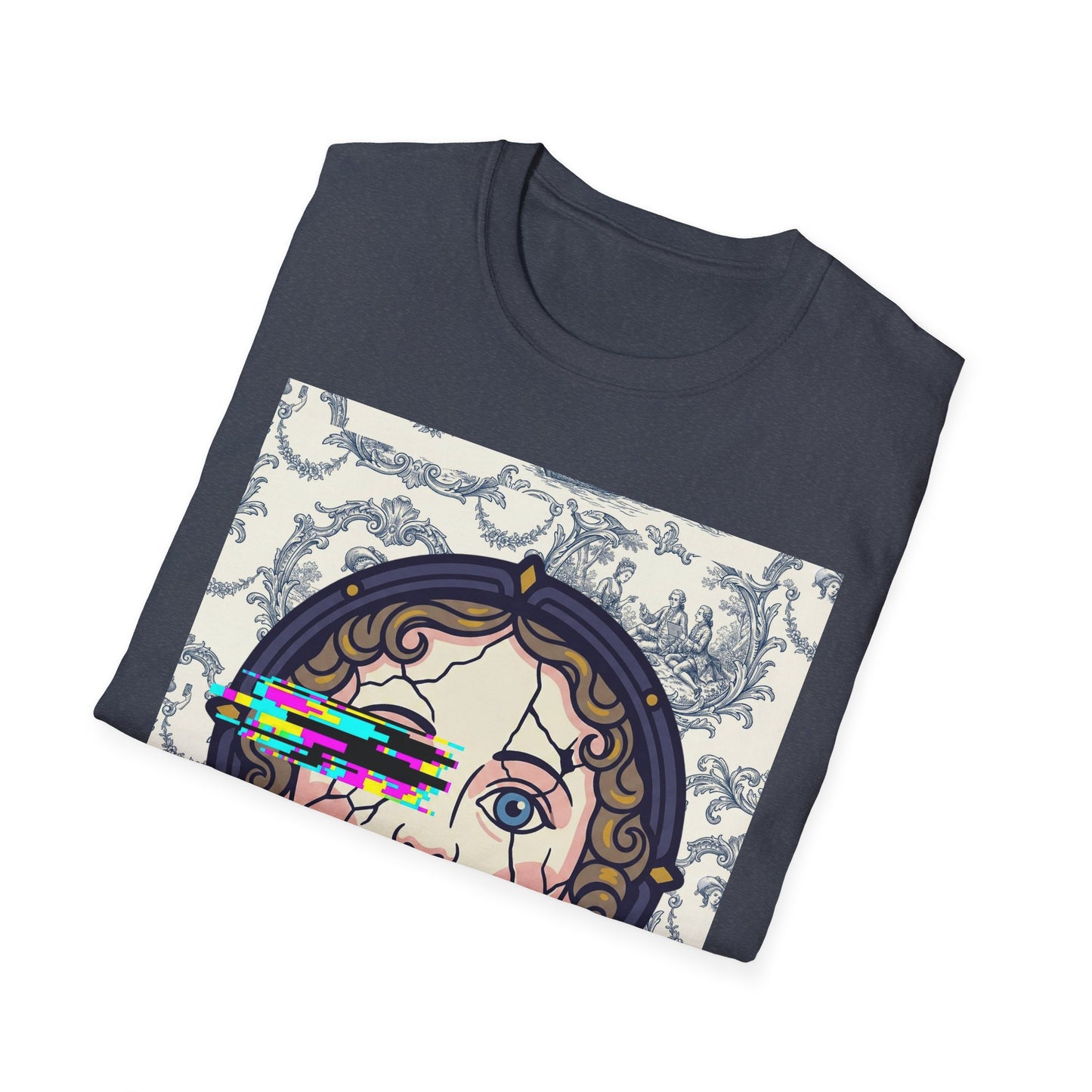 Glitch retro cracked porcelain doll face- Rococo Smartphone Toile - T-Shirt — Retro Mythology Art Tee