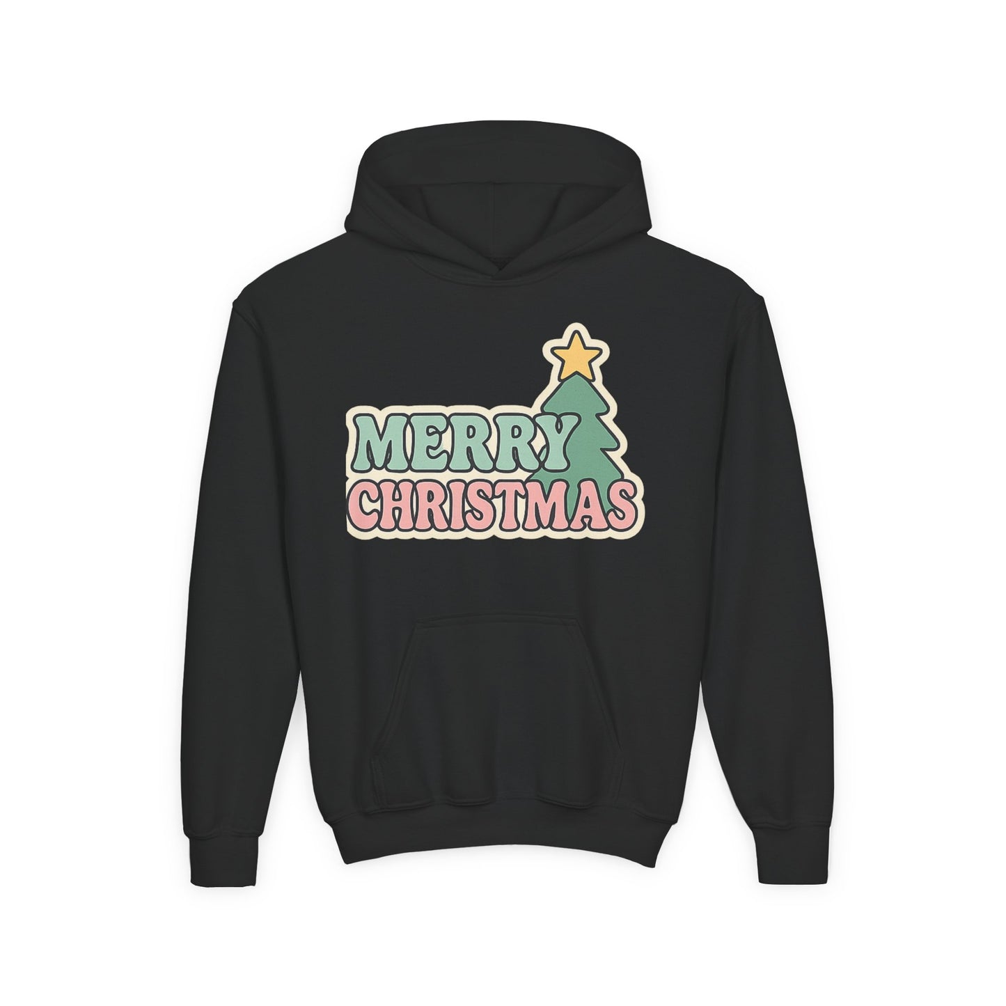 Kids youth Merry Christmas Hoodie — Pastel Tree Holiday Pullover
