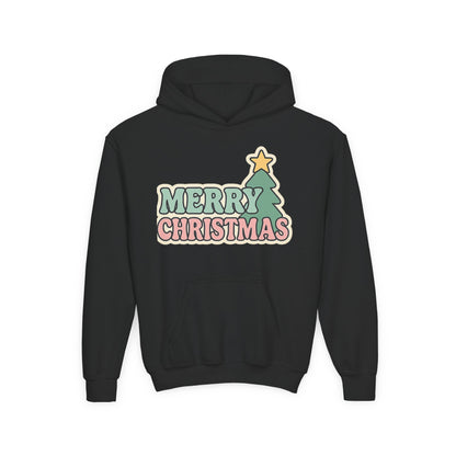 Kids youth Merry Christmas Hoodie — Pastel Tree Holiday Pullover
