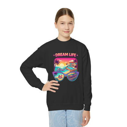 Girls Youth Crewneck Sweatshirt - "Dream Life" Tropical Sunset Graphic